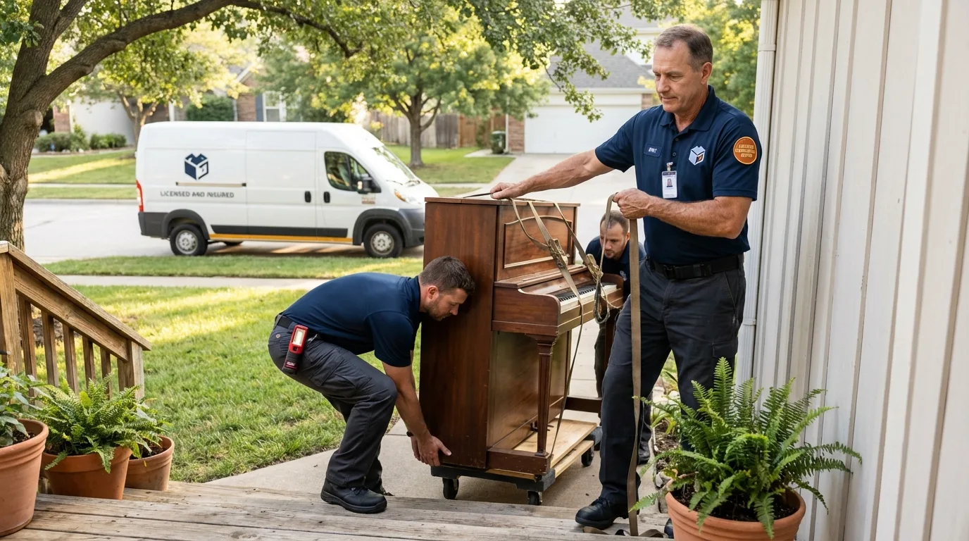 Licensed piano movers securing grand piano in Sparta, IL